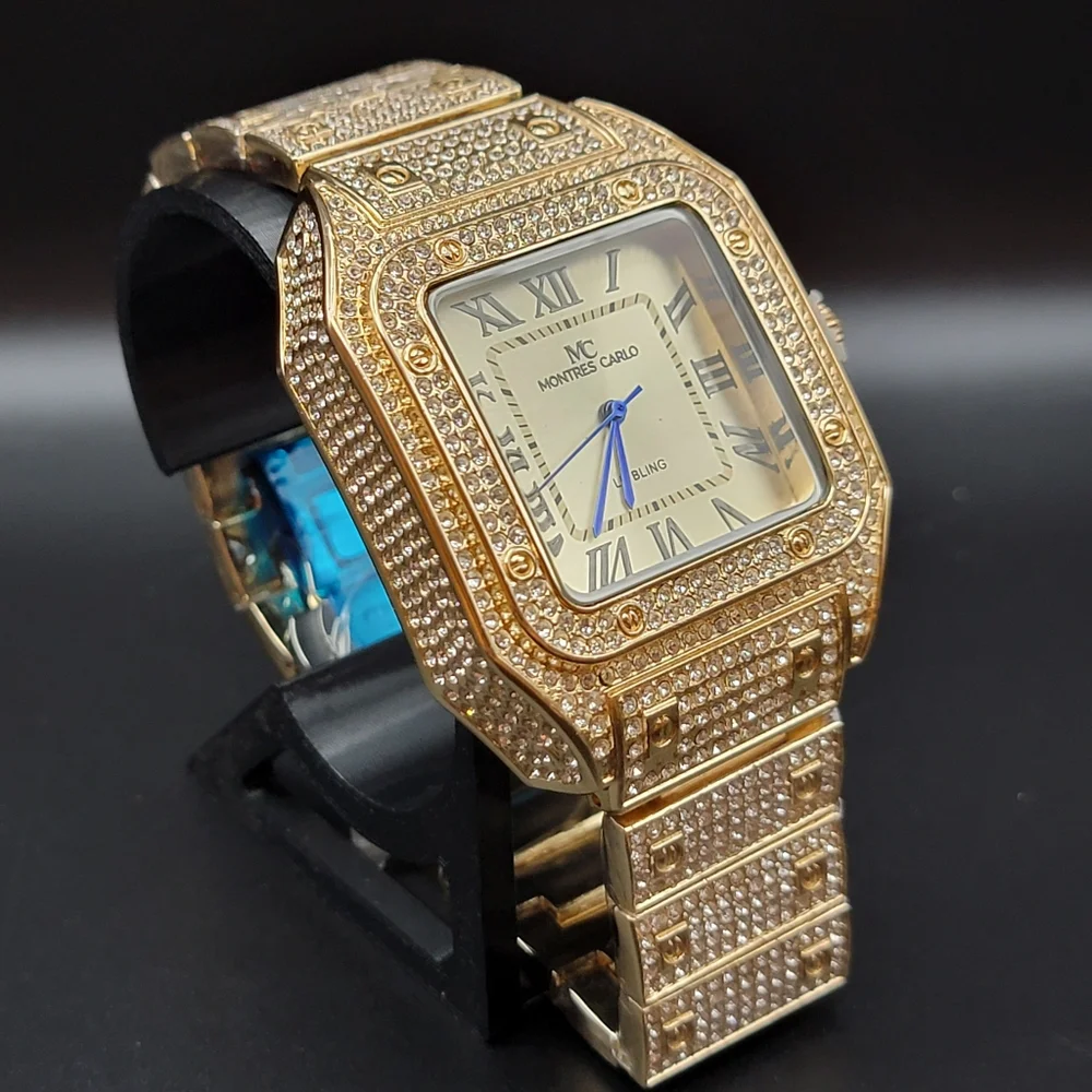 Men’s Gold Tone Iced Out Pavé MC Montres Carlo Bling Watch – Roman Numerals 45mm